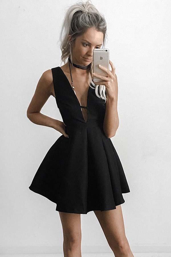 v neck black dress